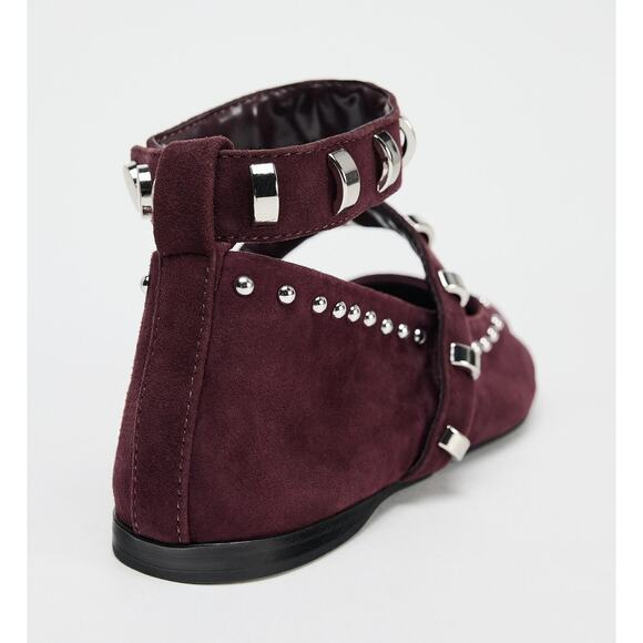 🍷 ZARA Leather Studded Ballet Flats NWT | Burgundy Suede Buckle Strap 7.5–8 - Picture 15 of 16